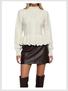 Aqua Cable Knit Peplum Sweater Ivory Mock Neck S